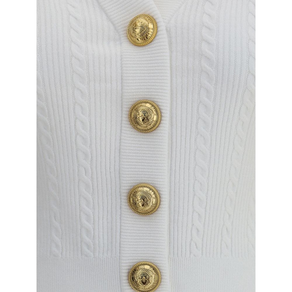 Balmain White Viscose Cardigan with ribbed design and iconic embossed buttons.