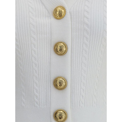 Balmain White Viscose Cardigan with ribbed design and iconic embossed buttons.
