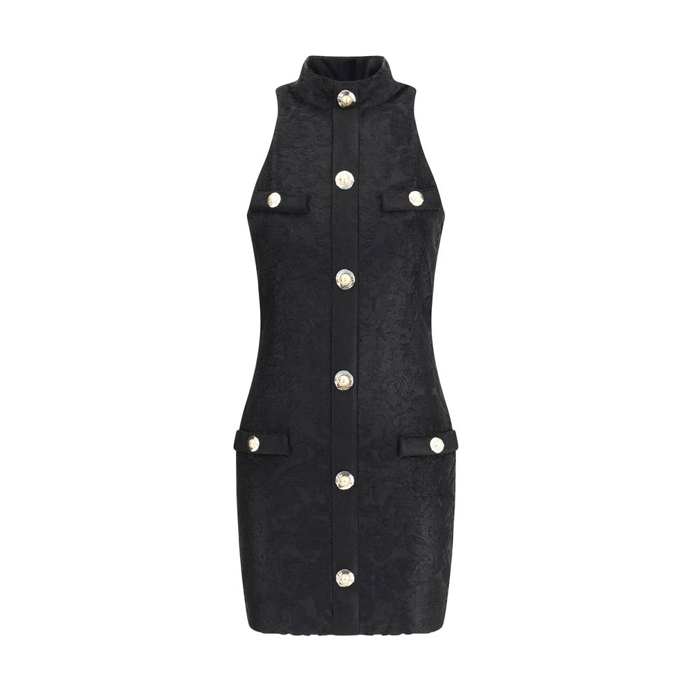 Balmain Black Viscose Cocktail Dress with gold buttons and baroque pattern, featuring American collar and back zipper closure.