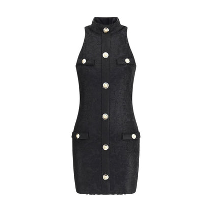 Balmain Black Viscose Cocktail Dress with gold buttons and baroque pattern, featuring American collar and back zipper closure.