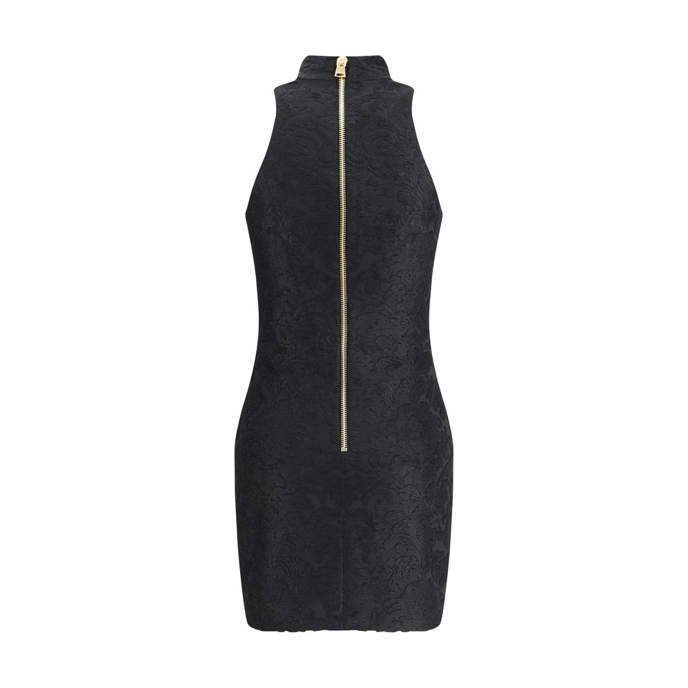 Balmain Black Viscose Cocktail Dress with baroque pattern, American collar, and gold embossed buttons, AW25 season.