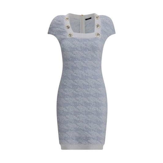 Balmain Light Blue Polyamide Casual Dress with square neckline and button details, ideal for elegant occasions. Slim fit, AW25 season.