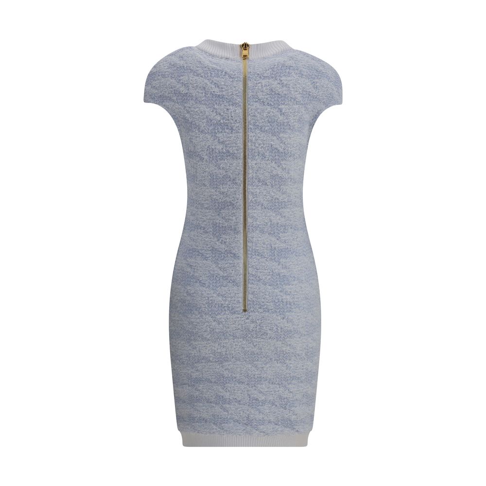 Back view of Balmain Light Blue Polyamide Casual Dress featuring a back zipper and short sleeves.