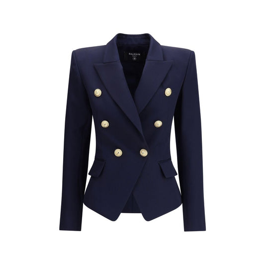 Balmain Blue Fleece Wool Blazer with gold embossed buttons, structured shoulders, and peak lapels, showcasing luxury and elegance.