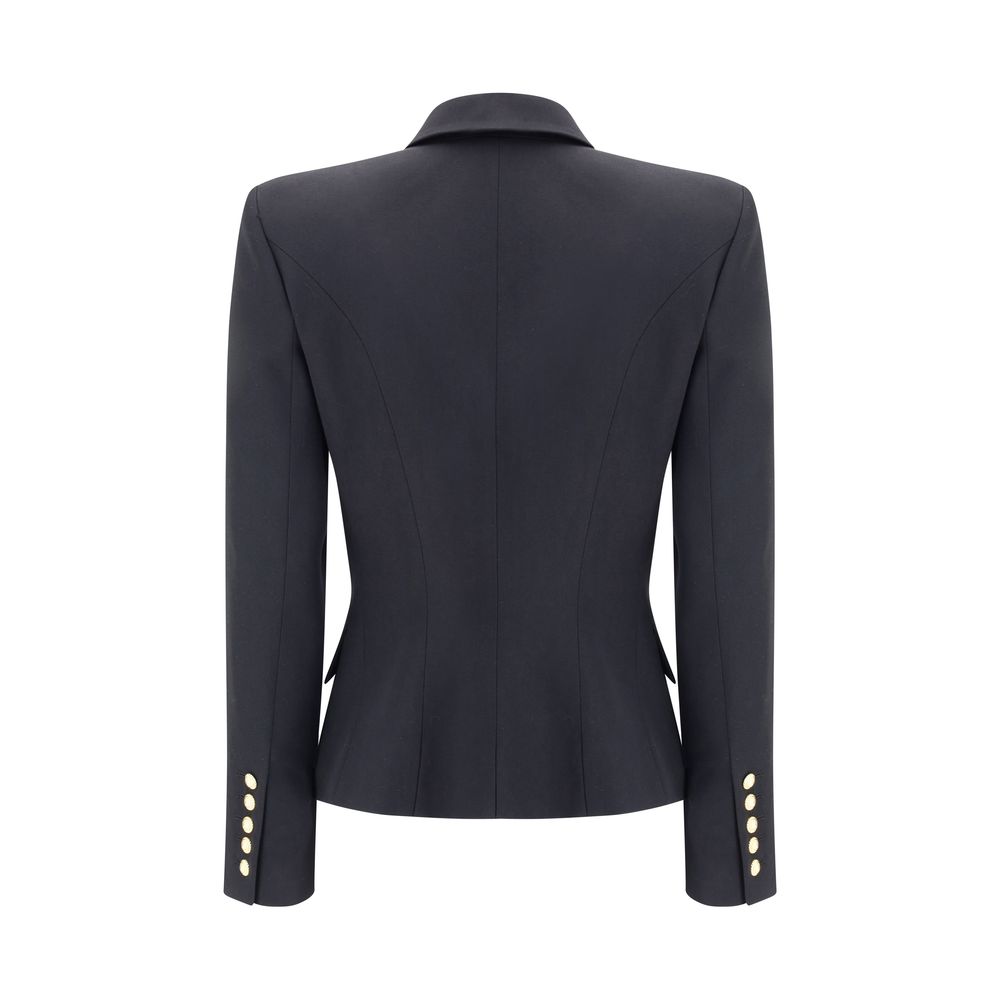 Back view of Balmain Black Wool Blazer with embossed buttons and peaked lapels, showcasing its iconic double-breasted design.