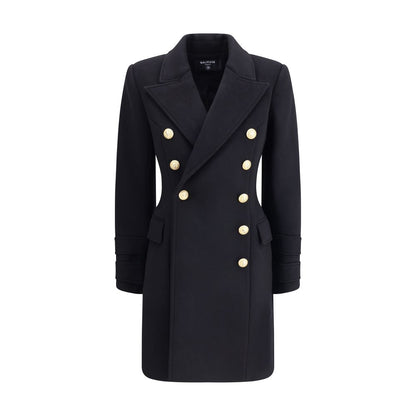 Balmain Black Fleece Wool Coat with double-breasted gold buttons and structured shoulders. Italian collar. Elegant and sophisticated design.