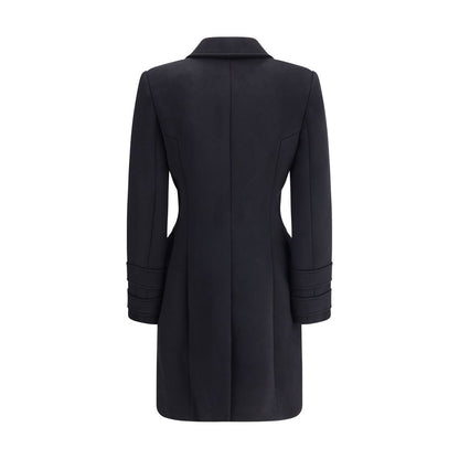 Back view of Balmain Black Fleece Wool Coat with Italian collar and structured shoulders.