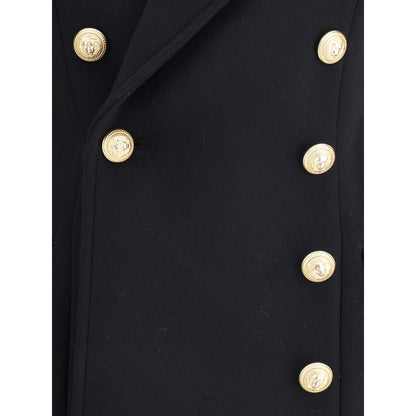 Close-up of Balmain Black Fleece Wool Coat with gold metal 'Lion Chain' buttons highlighting the elegance and luxury.