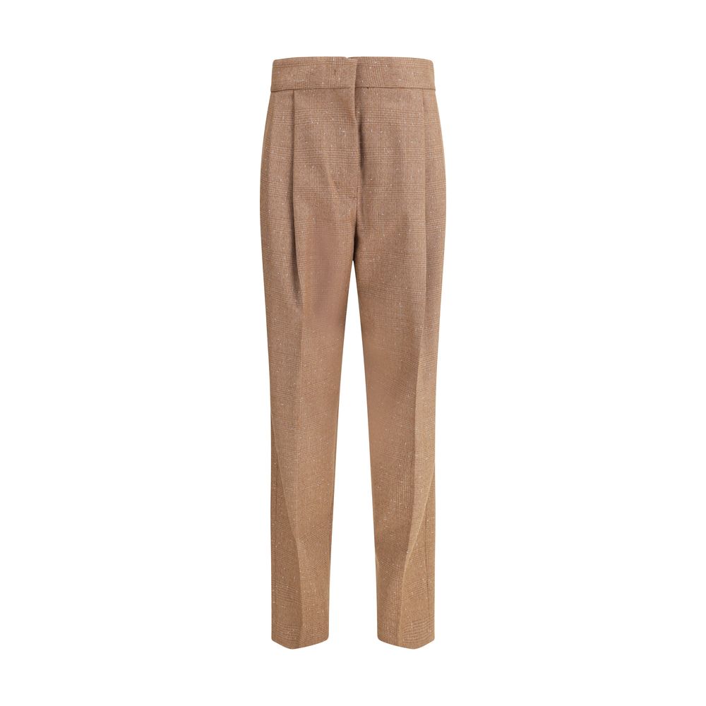 Fabiana Filippi Beige Fleece Wool Dress Pants with diamond thread loop detail and front darts, elegant Prince de Galles style.