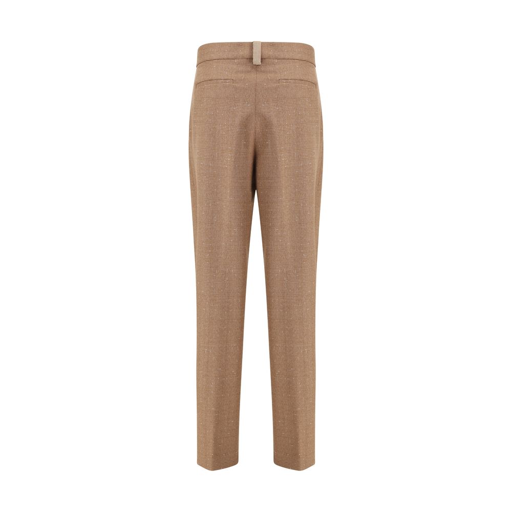 Fabiana Filippi Beige Fleece Wool Dress Pants with Prince de Galles slub fabric, showcasing front darts and diamond thread detail.