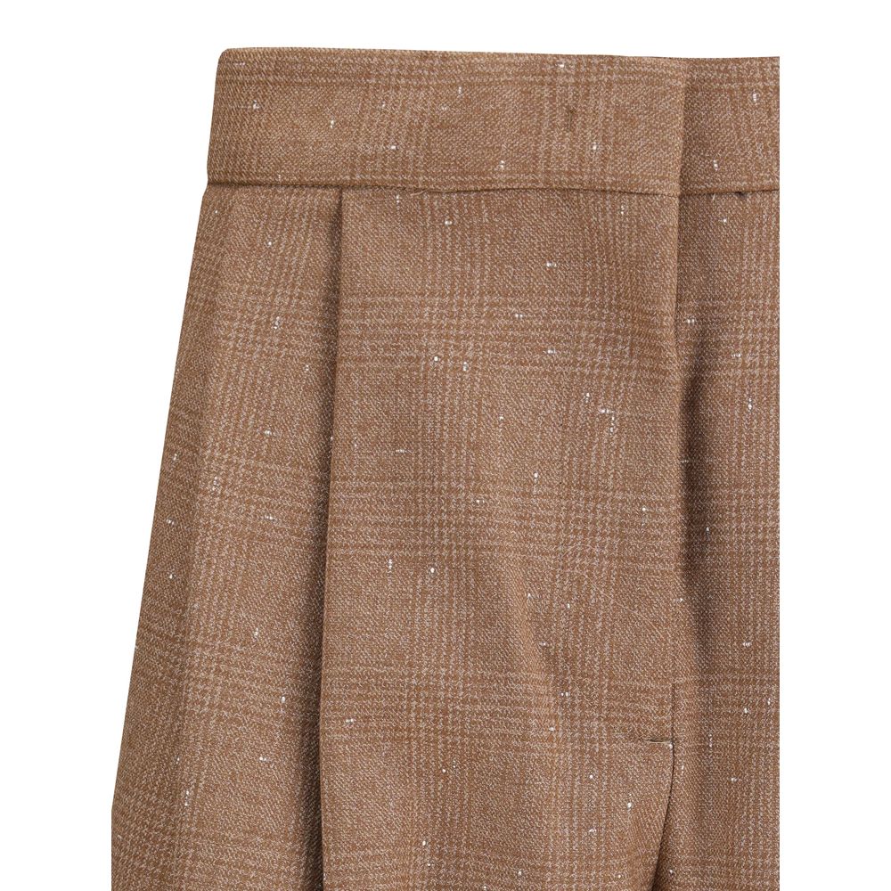 Close-up of Fabiana Filippi Beige Fleece Wool Dress Pants with Prince de Galles pattern and front darts detail.