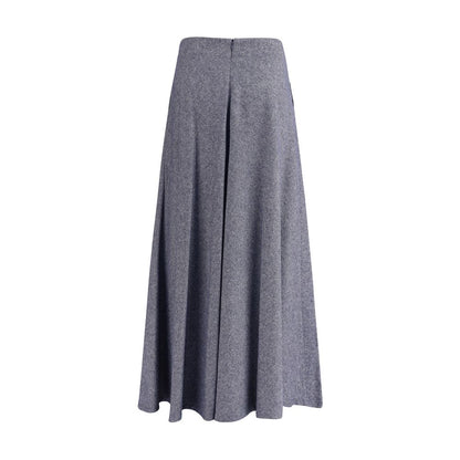 Sara Roka Blue Cotton Midi Skirt with flared silhouette and side zipper, elegant yet practical design, denim-effect fabric, front pockets