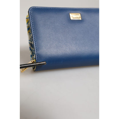 Dolce & Gabbana Blue Leather Continental Tile Print Zip Card Holder Purse Wallet