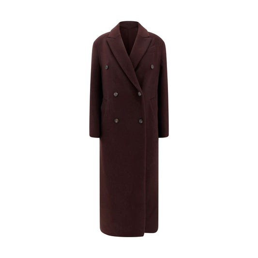 Brunello Cucinelli Bordeaux Cashmere Coat with elegant peaked lapel, double-breasted design, and side welt pockets. Luxurious AW25 fashion.
