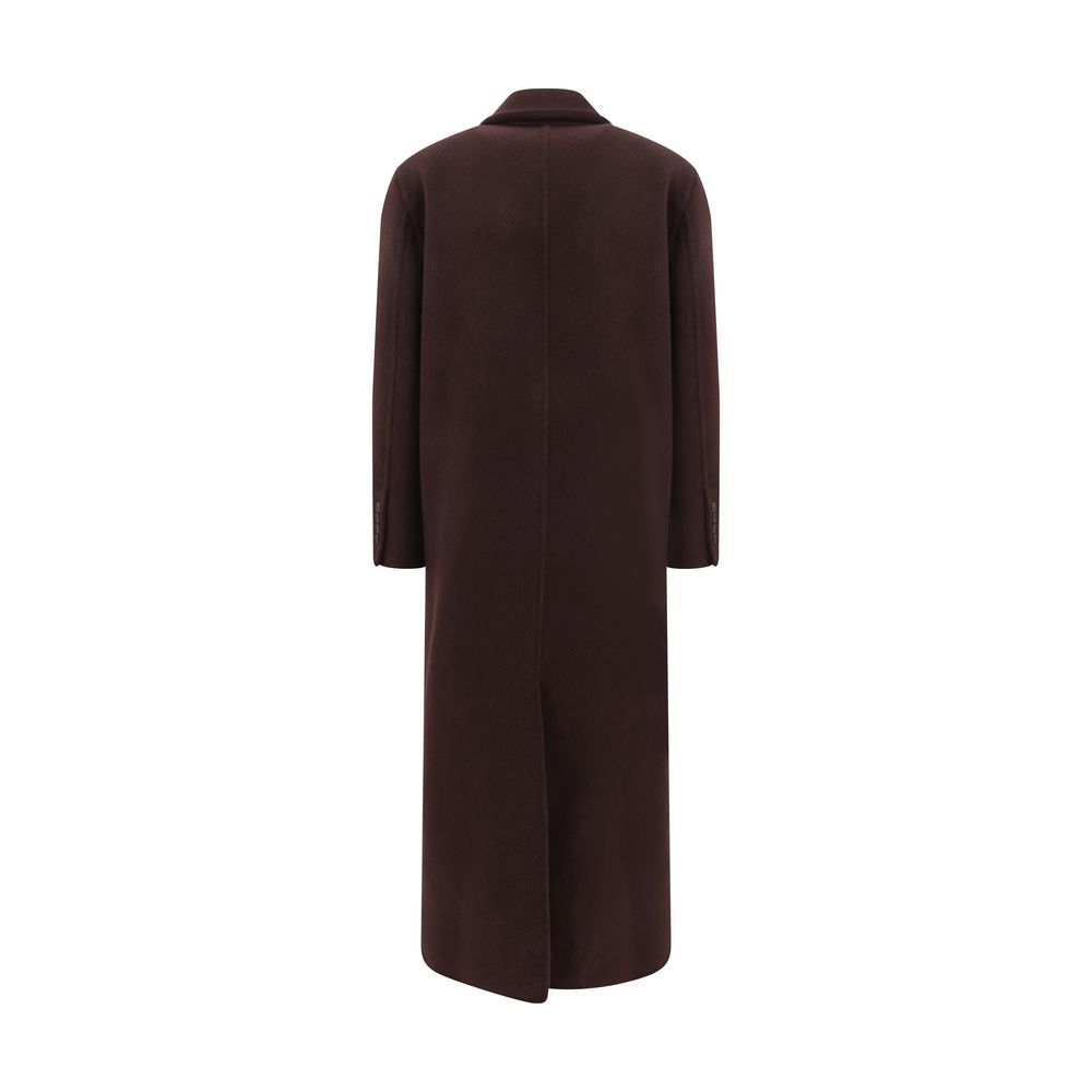 Back view of Brunello Cucinelli Bordeaux Cashmere Coat with elegant peaked lapel and back slit for AW25 collection.