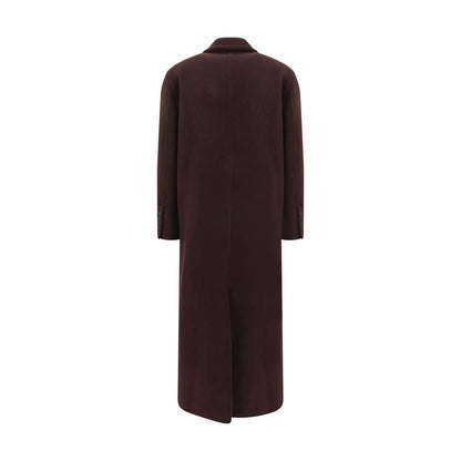 Back view of Brunello Cucinelli Bordeaux Cashmere Coat with elegant peaked lapel and back slit for AW25 collection.