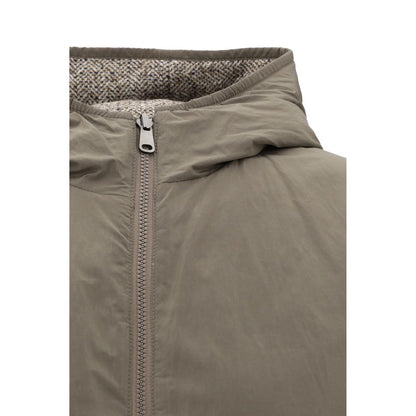 Close-up of Brunello Cucinelli Brown Fleece Wool Coat with hood and zipper detail, showcasing fabric texture and design.