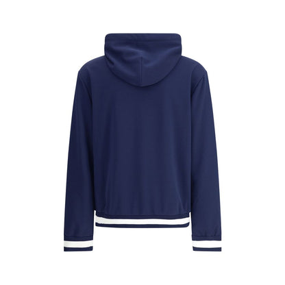 Gucci Blue Polyester Sweatshirt with hood, striped ribbed trim, and long sleeves, featuring iconic Gucci details and sporty style.