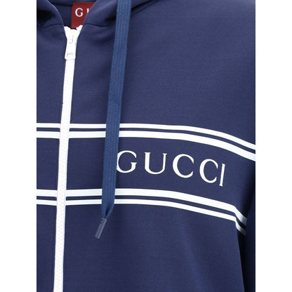 Gucci Blue Polyester Sweatshirt featuring striped print, Gucci logo, and drawstring hood. Iconic sporty style for AW25 season.