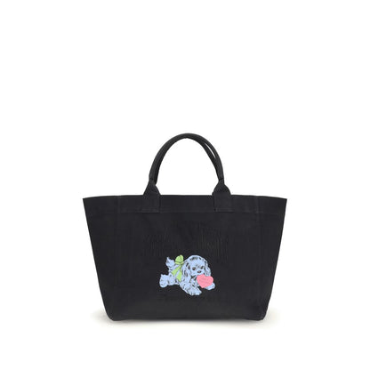 Ganni Black Recycled Cotton Shoulder Bag with puppy print and embroidered logo, featuring top handles and large interior storage.