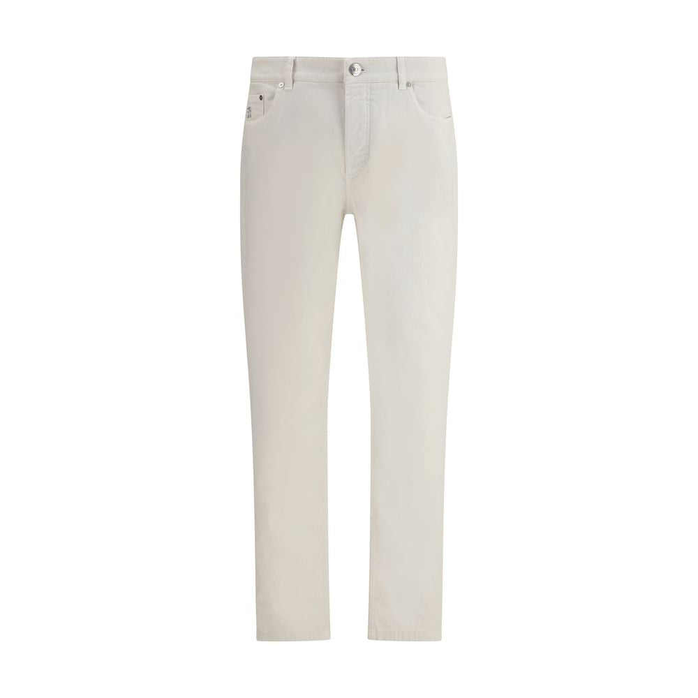 Brunello Cucinelli White Cotton Slim Fit Jeans with metal button closure and front pockets, showcasing timeless style and quality craftsmanship.