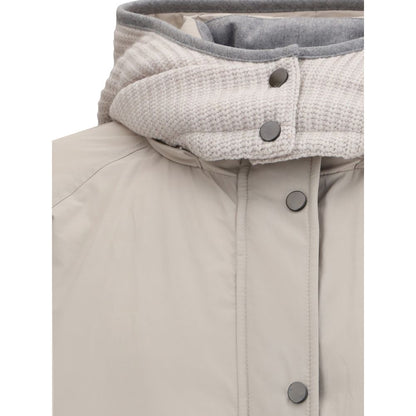 Brunello Cucinelli Gray Polyester Coat with removable reversible hood and front button closure, showcasing elegant minimalist design.