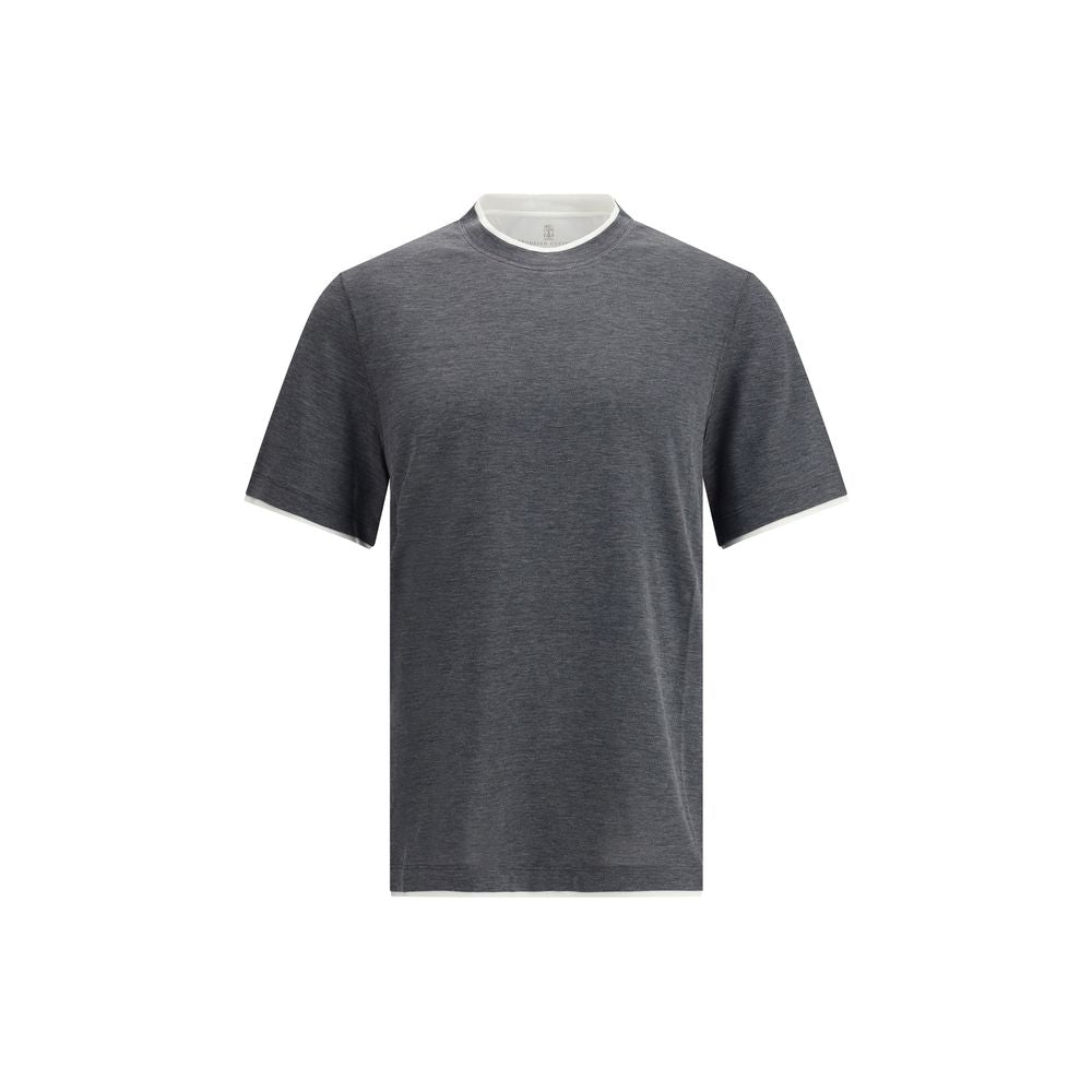 Brunello Cucinelli Gray Cotton T-Shirt with contemporary two-tone silk hems, combining comfort and elegant style for refined fashion.