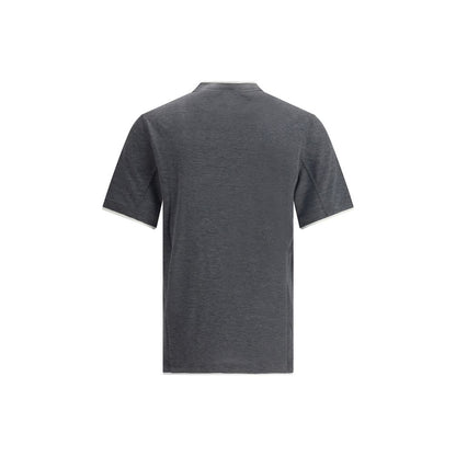 Brunello Cucinelli Gray Cotton T-Shirt back view with double-layer hem design.