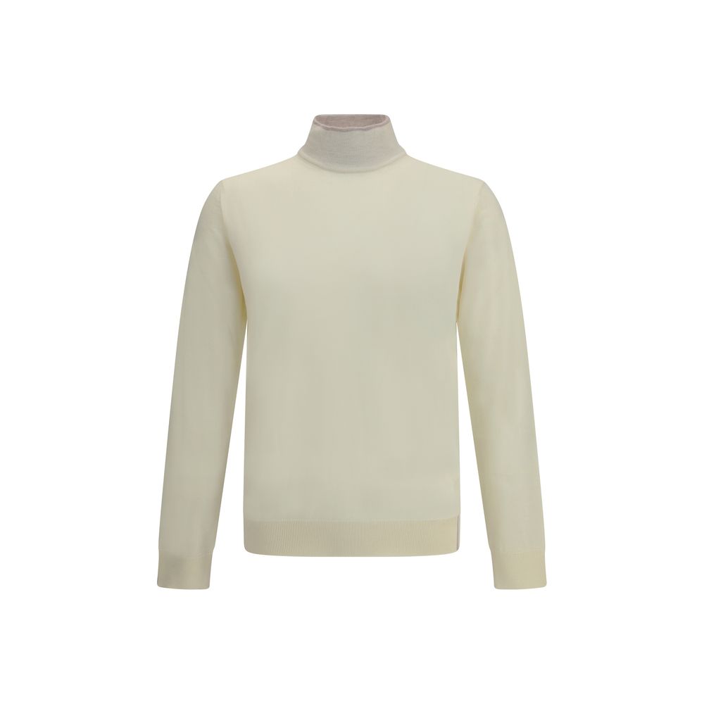 Cruna Cream Wool Turtleneck sweater with ribbed collar and cuffs, ideal for winter elegance and comfort, 100% wool, AW25 collection.