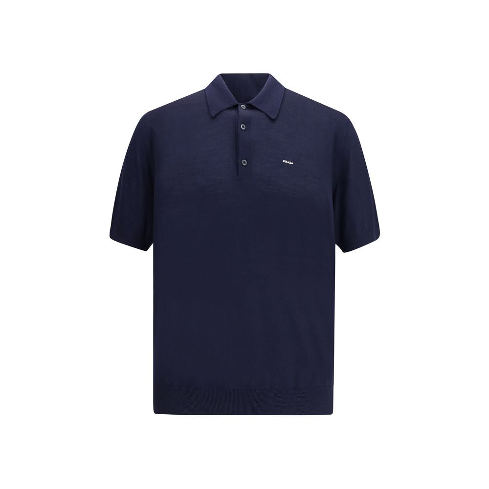 Prada Blue Fleece Wool Polo Shirt featuring a ribbed collar and discreet logo, perfect for a timeless and elegant look.