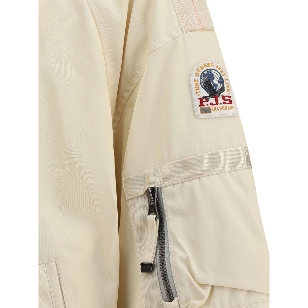 Close-up of Parajumpers White Polyester Clothing showing signature patch and sleeve zipper detail.
