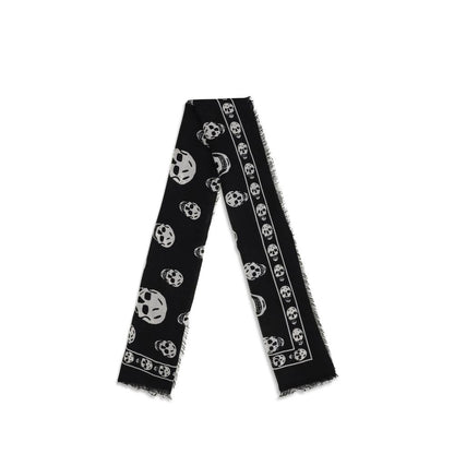 Alexander McQueen Black Modal Scarf with skull motif and fringed edges, crafted from silk and modal blend, 120x120 dimensions.