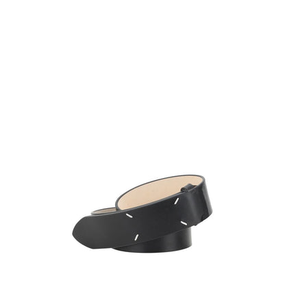 Margiela Black Calf Leather Bos Taurus Regular Belt with iconic contrast stitching and hinged closure.