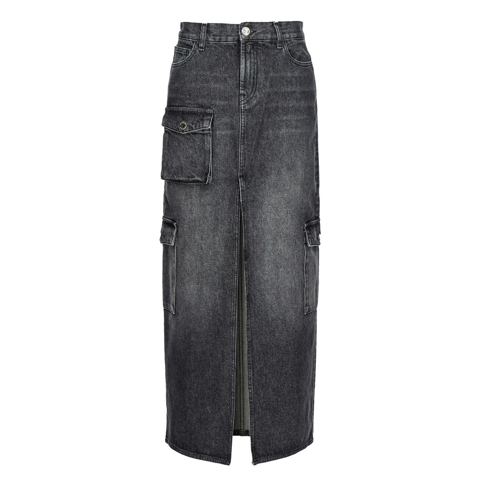 PINKO Black Cotton Skirt featuring side, flap, and back pockets with zip closure, long denim style, front view.