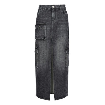 PINKO Black Cotton Skirt featuring side, flap, and back pockets with zip closure, long denim style, front view.
