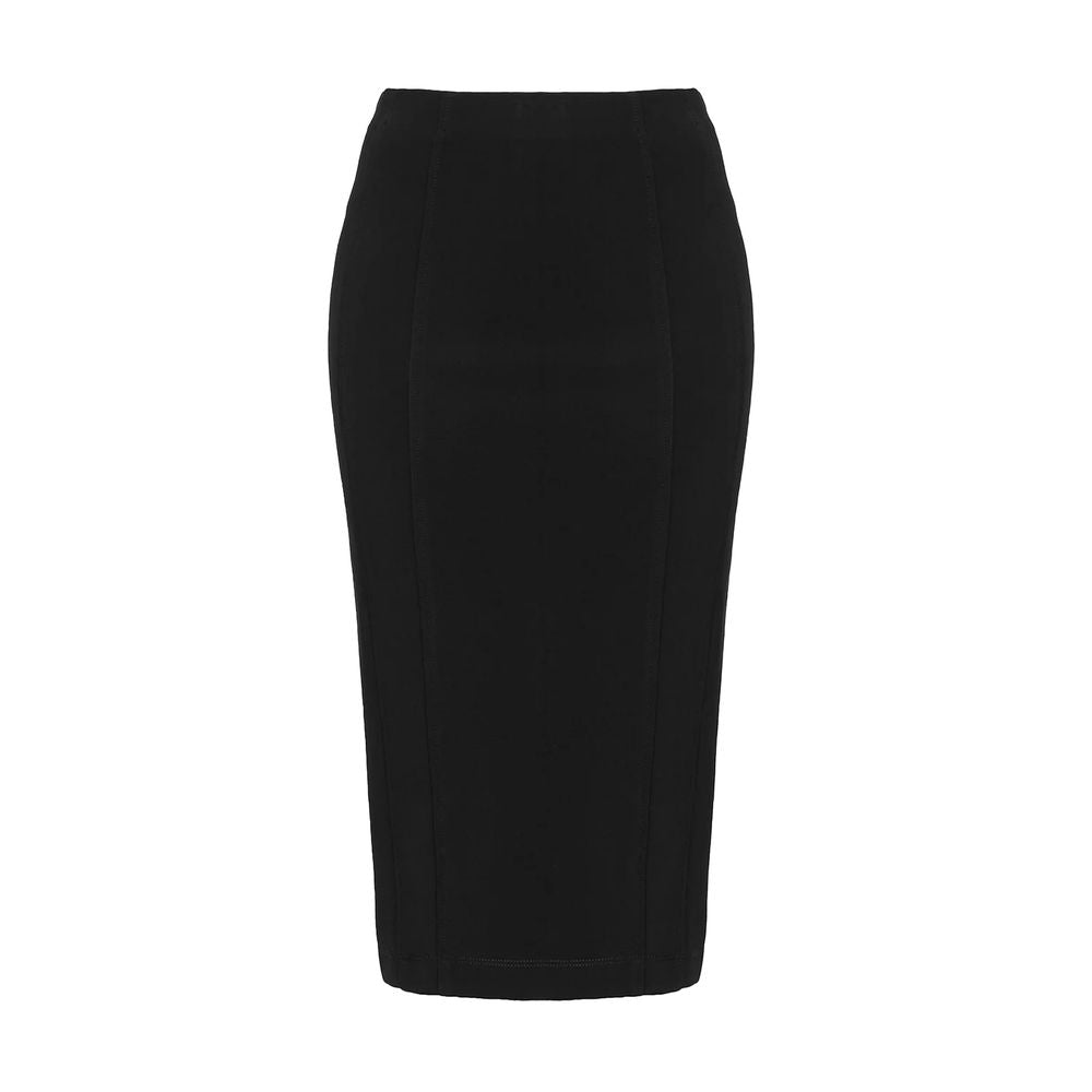 PINKO Black Viscose Skirt with rear zip closure and slim fit design, crafted from stretch technical fabric, made in Italy, rear slit visible.