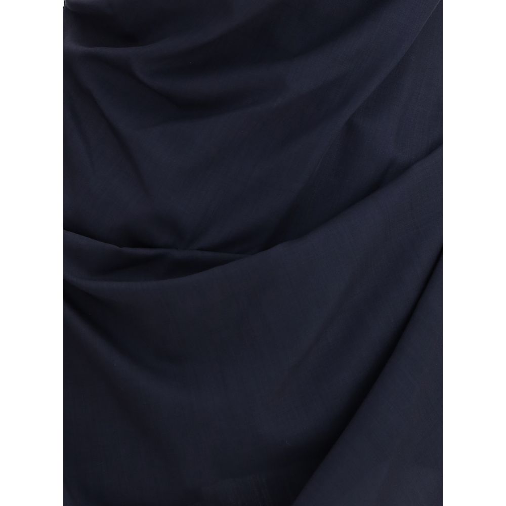 Close-up of Vivienne Westwood Blue Wool Casual Dress fabric with refined draping and asymmetric seams.