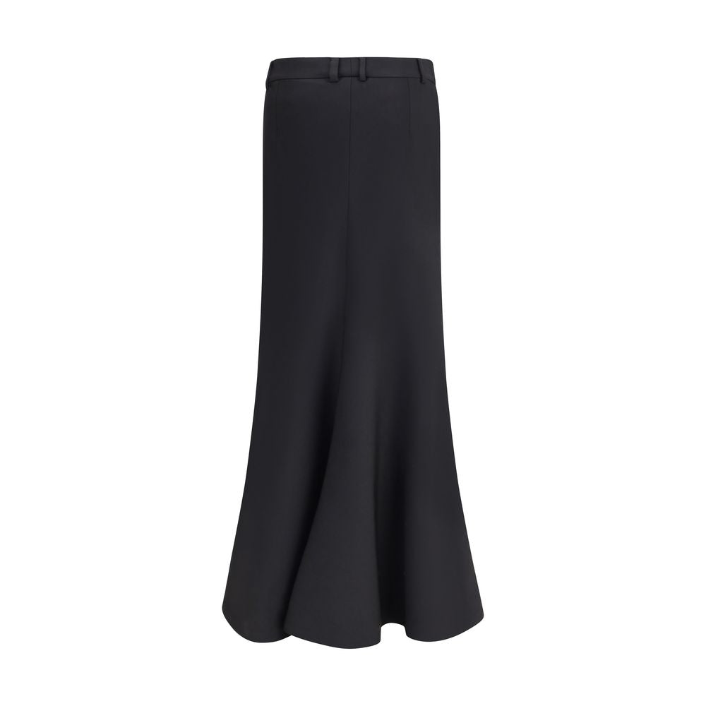 Image of Balenciaga Black Fleece Wool Long Skirt with mid-rise waist and Godet design, featuring front buttons and belt loops.