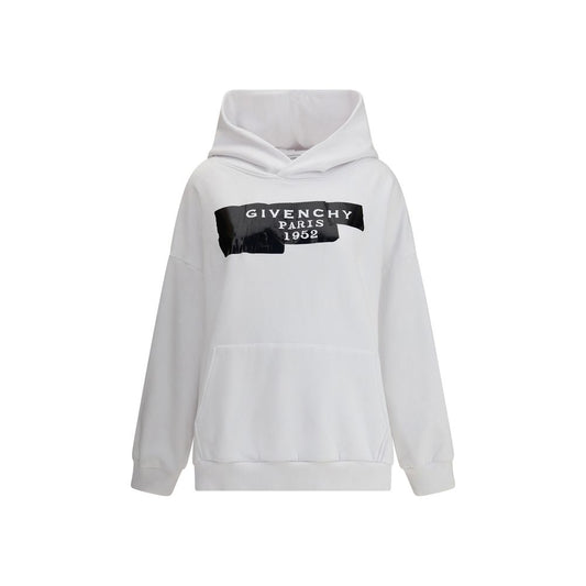 Givenchy White Cotton Sweatshirt with front GIVENCHY Tape 3D print, long sleeves, hood, and pouch pocket for a modern look.