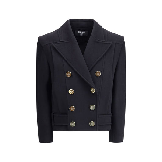 Balmain Black Wool Coat featuring double-breasted design with gold buttons, broad shoulders, and wide lapels. AW25 collection.