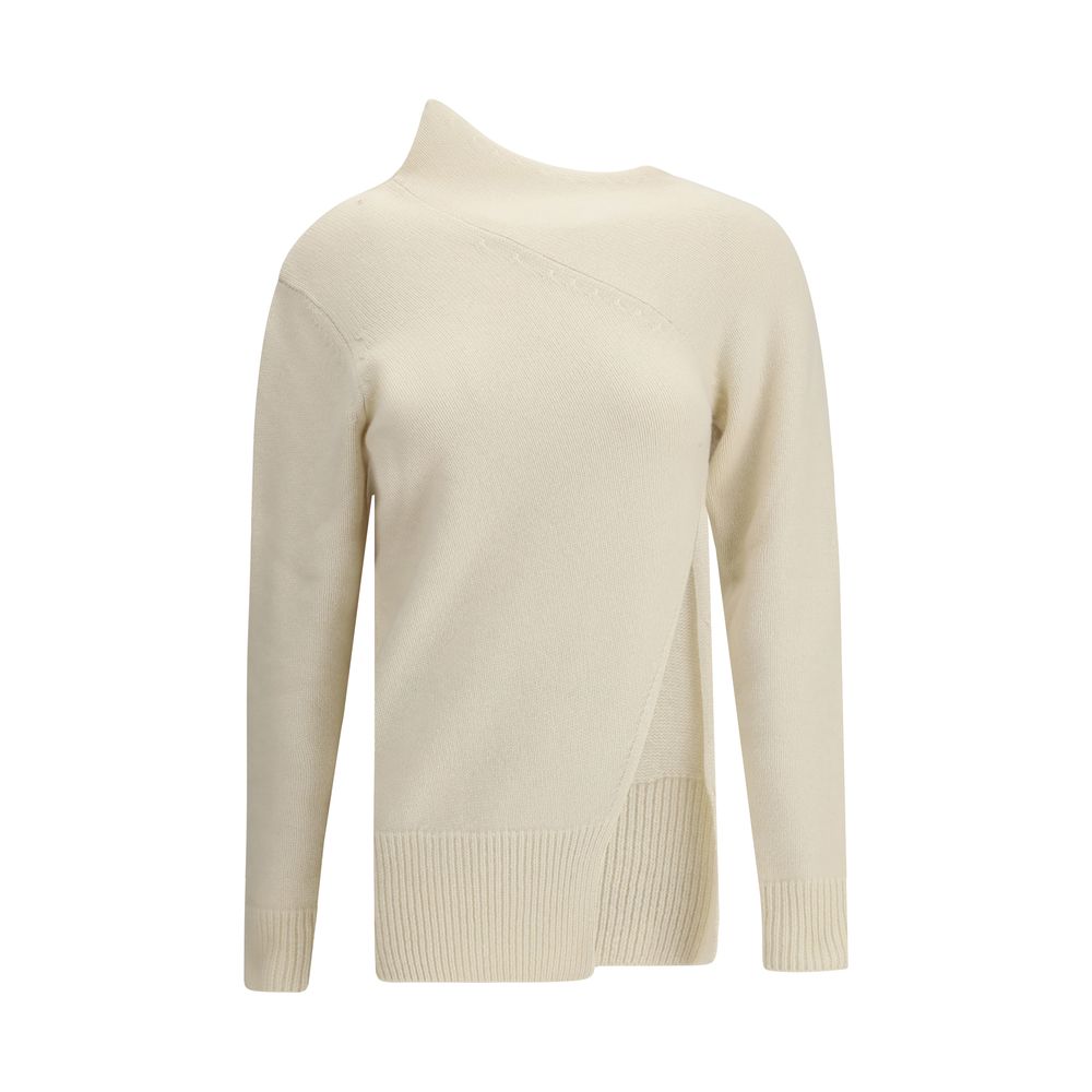 Di Stavnitser White Cashmere Sweatshirt with high collar, asymmetrical seams, ribbed cuffs, and side slit in modern design.
