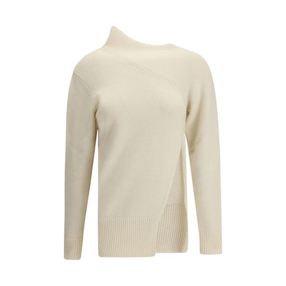 Di Stavnitser White Cashmere Sweatshirt with high collar, asymmetrical seams, ribbed cuffs, and side slit in modern design.