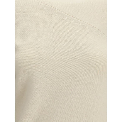 Close-up texture of Di Stavnitser White Cashmere Sweatshirt showcasing wool and cashmere blend with asymmetrical seams.
