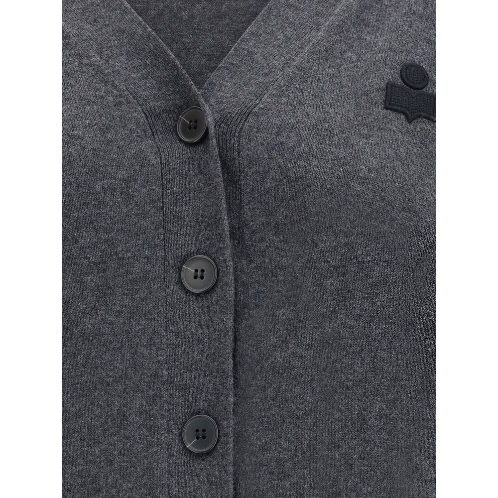 Close-up of Marant Etoile Gray Cotton Cardigan with buttoned front and logo detail, featuring a V-neckline for a casual style.
