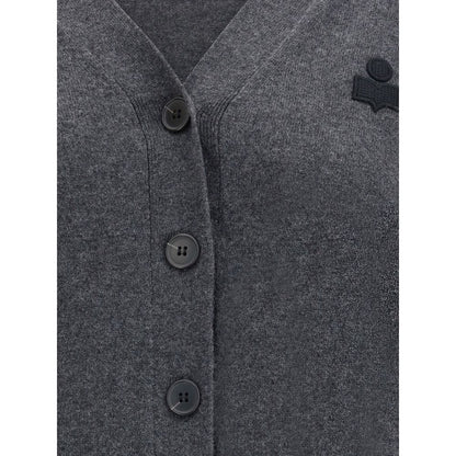 Close-up of Marant Etoile Gray Cotton Cardigan with buttoned front and logo detail, featuring a V-neckline for a casual style.