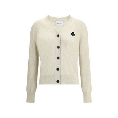 Marant Etoile White Cotton Cardigan with V-neckline and front button closure, featuring "Marant" logo, made of 70% cotton and 30% wool.