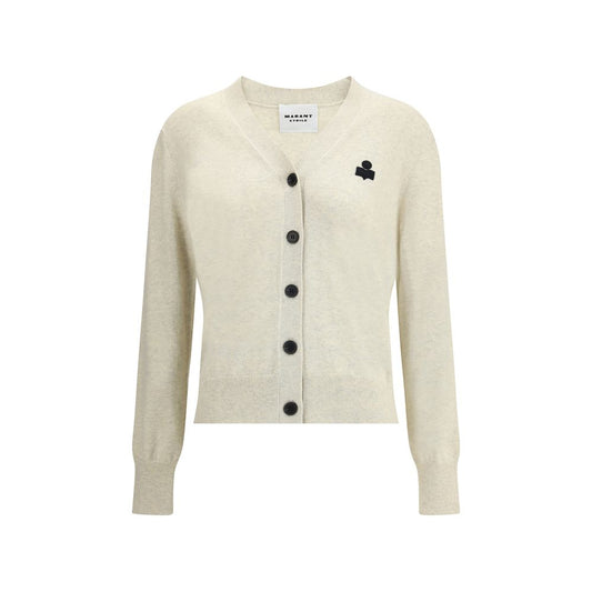 Marant Etoile White Cotton Cardigan with V-neckline and front button closure, featuring "Marant" logo, made of 70% cotton and 30% wool.