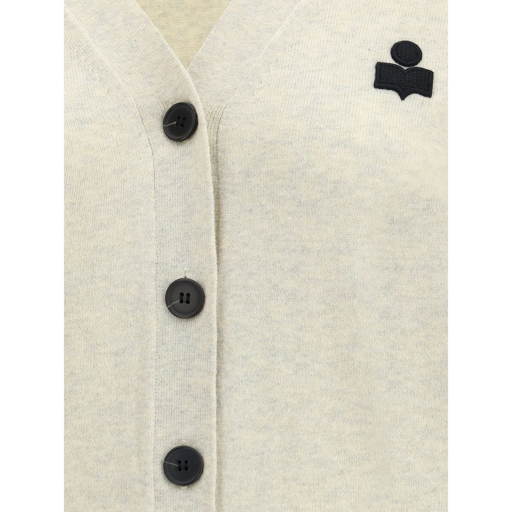 Close-up of Marant Etoile White Cotton Cardigan with buttons and logo accent. Ideal for casual and refined style. AW25 collection.