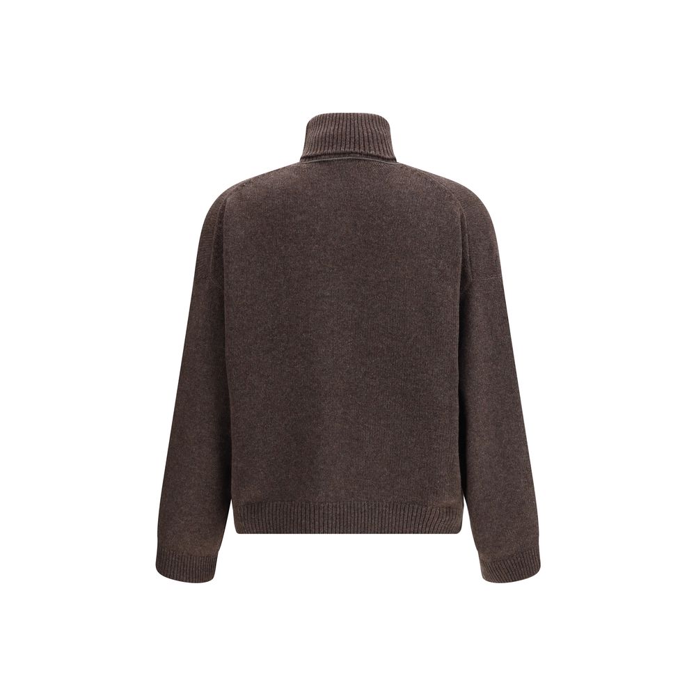 Brunello Cucinelli Brown Cashmere Turtleneck with oversize fit and wide sleeves, featuring monile embroidery for a classic elegant style.