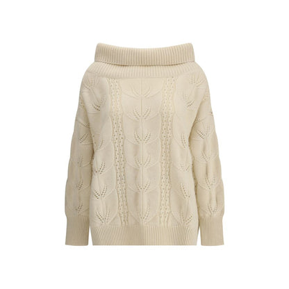Ermanno Scervino Cream Cashmere Sweatshirt with perforated design, wide ribbed collar, and contemporary ribbed cuffs and hem.